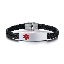 (TYPE 1 DIABETES) Laser Engraved Medical Alert ID Men Women Bracelet Black PU Leather Wristband