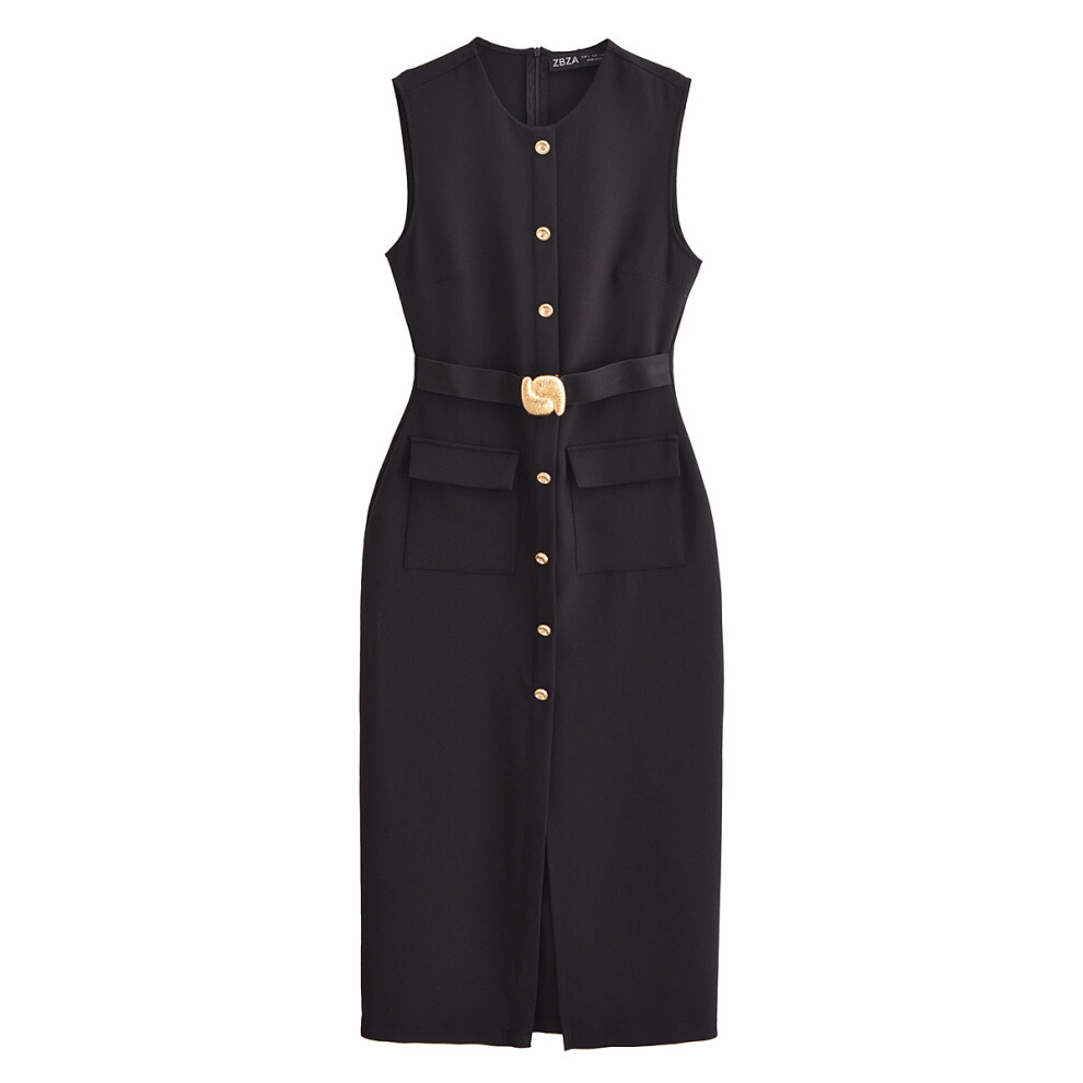 (Black, L) ZARZ Homemade European and American style New Women's Clothing Classic Belted Crepe Sleeveless Dress 3597054