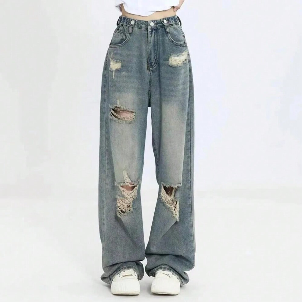 (Blue, L) American Retro Hole-punched Jeans Women High Waist Straight-crotch Loose Slim Design High-street Vibe Wide-legged Dragging Pants-image-OPC-PHHW7DY-NEW