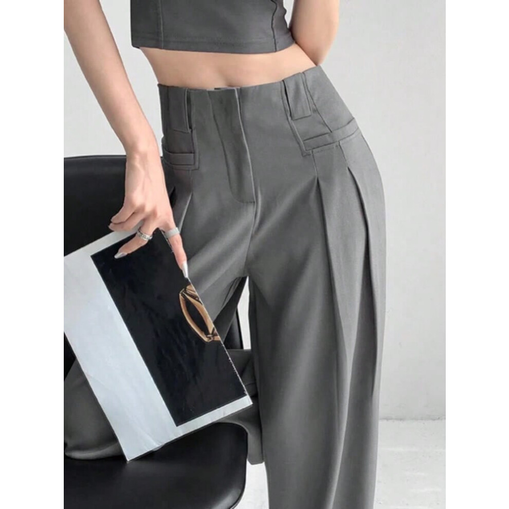 (Grey Pants, L) Solid Office Work Wide Leg with Pockets Trousers for Women Tailoring Clothes High Waist Buttons Female Pants Slacks Vintage 90s