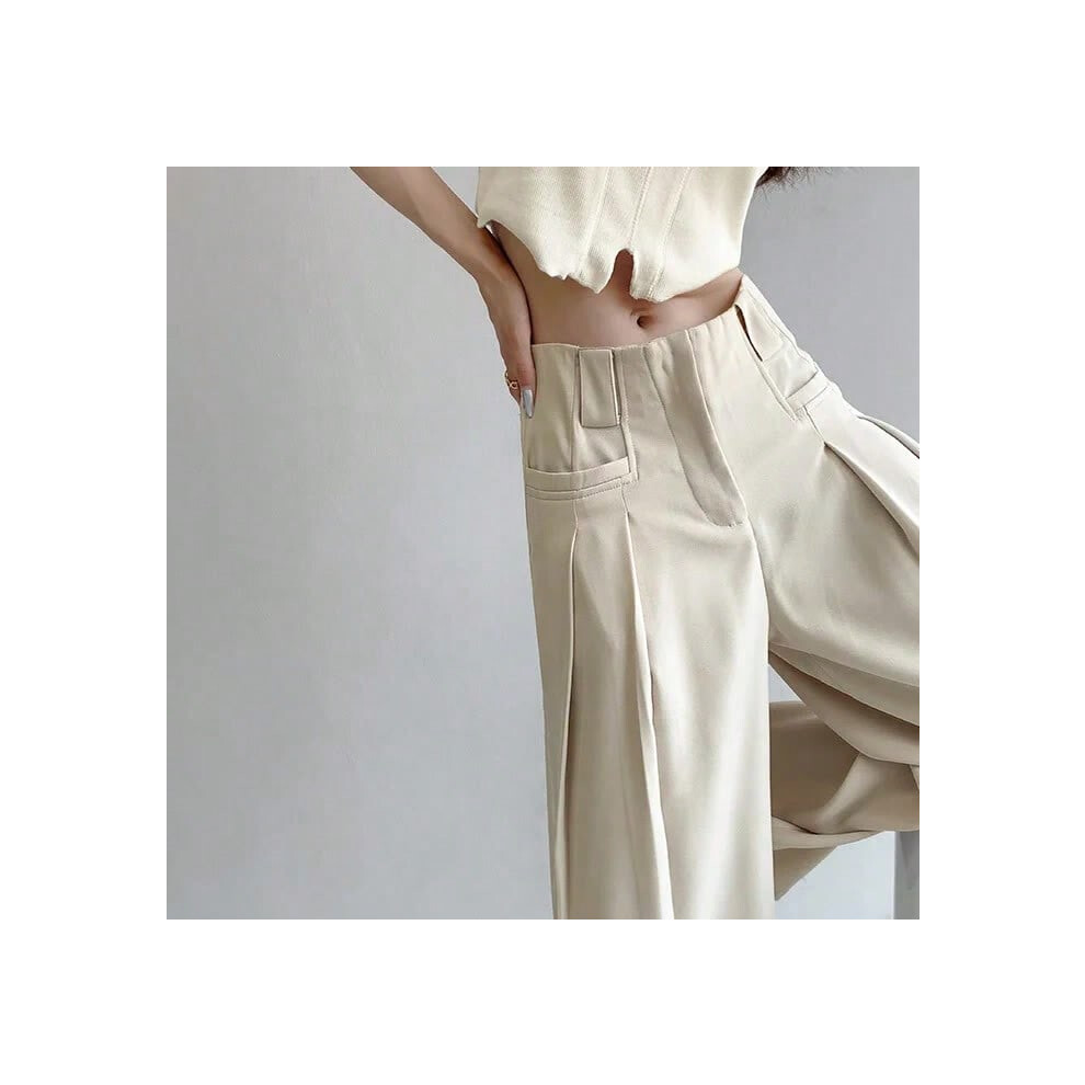 (Apricot Pants, S) Solid Office Work Wide Leg with Pockets Trousers for Women Tailoring Clothes High Waist Buttons Female Pants Slacks Vintage 90s