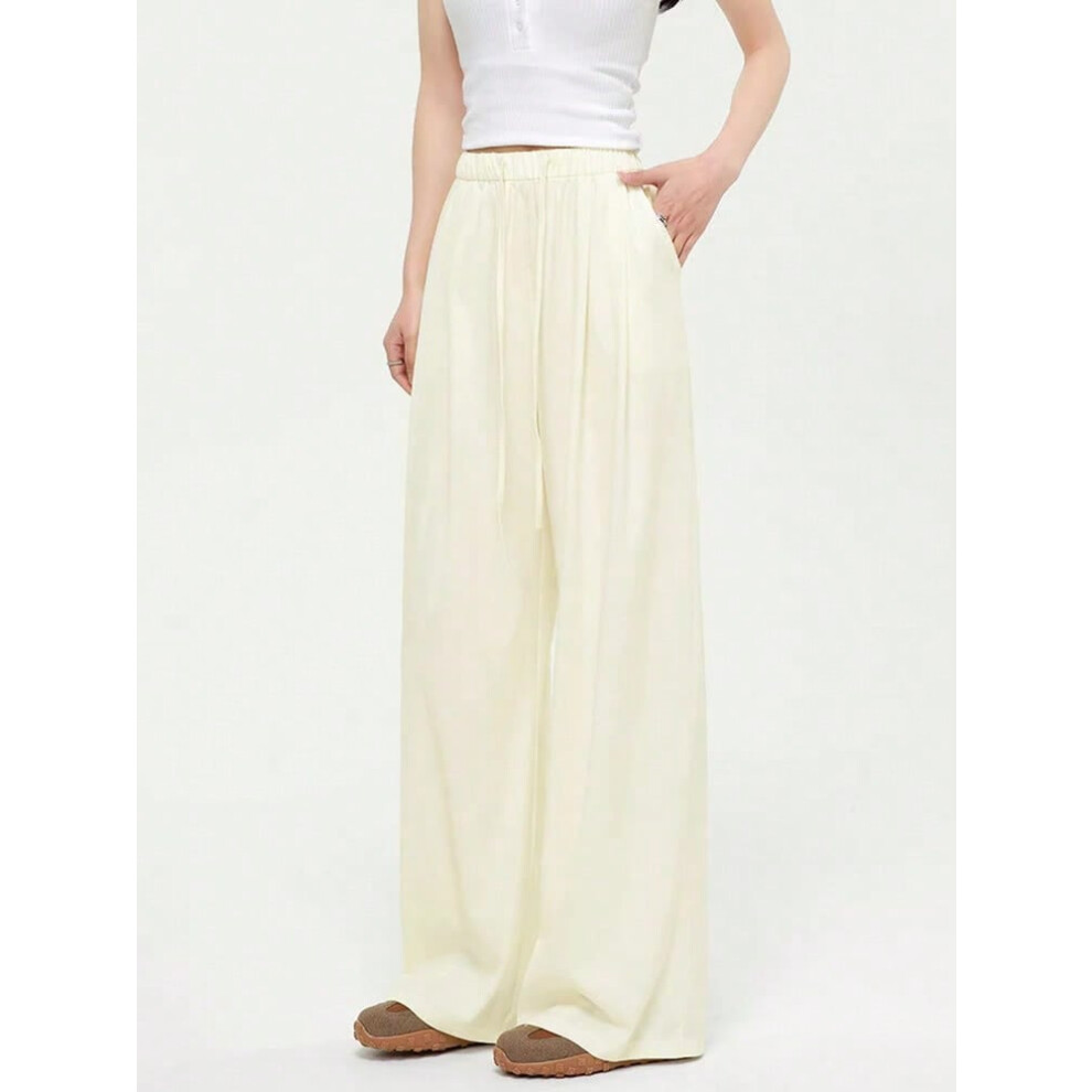 (MilkWhite, M) Summer Thin Lyocell Jeans Women Elastic Waist Ice Silk Wide Leg Denim Pants Pink Baggy Jeans For Women Summer Loose Trousers
