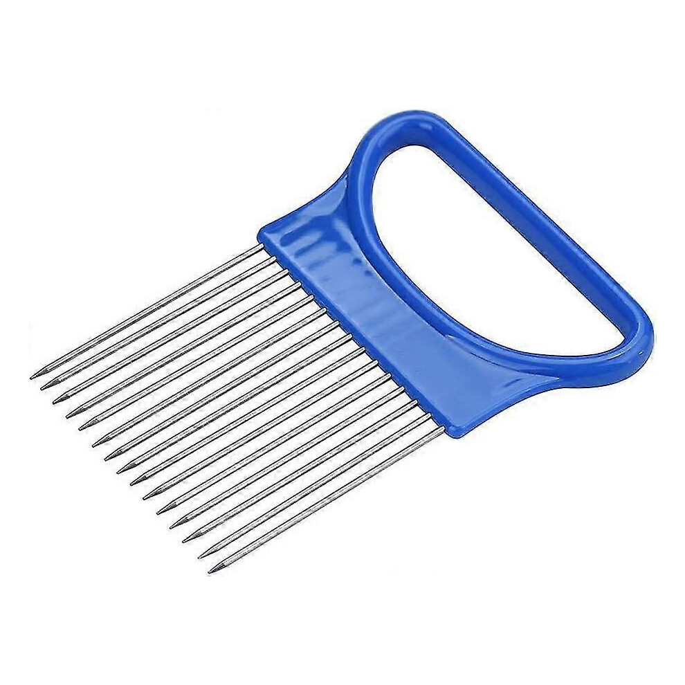 (As Show, One Size) Stainless Steel Onion Holder Vegetables Slicer Cutting Compatible Slicing, Tomato Cutting Aid Holder Guide ,Safe Compatiblek, Blue 4909775119756