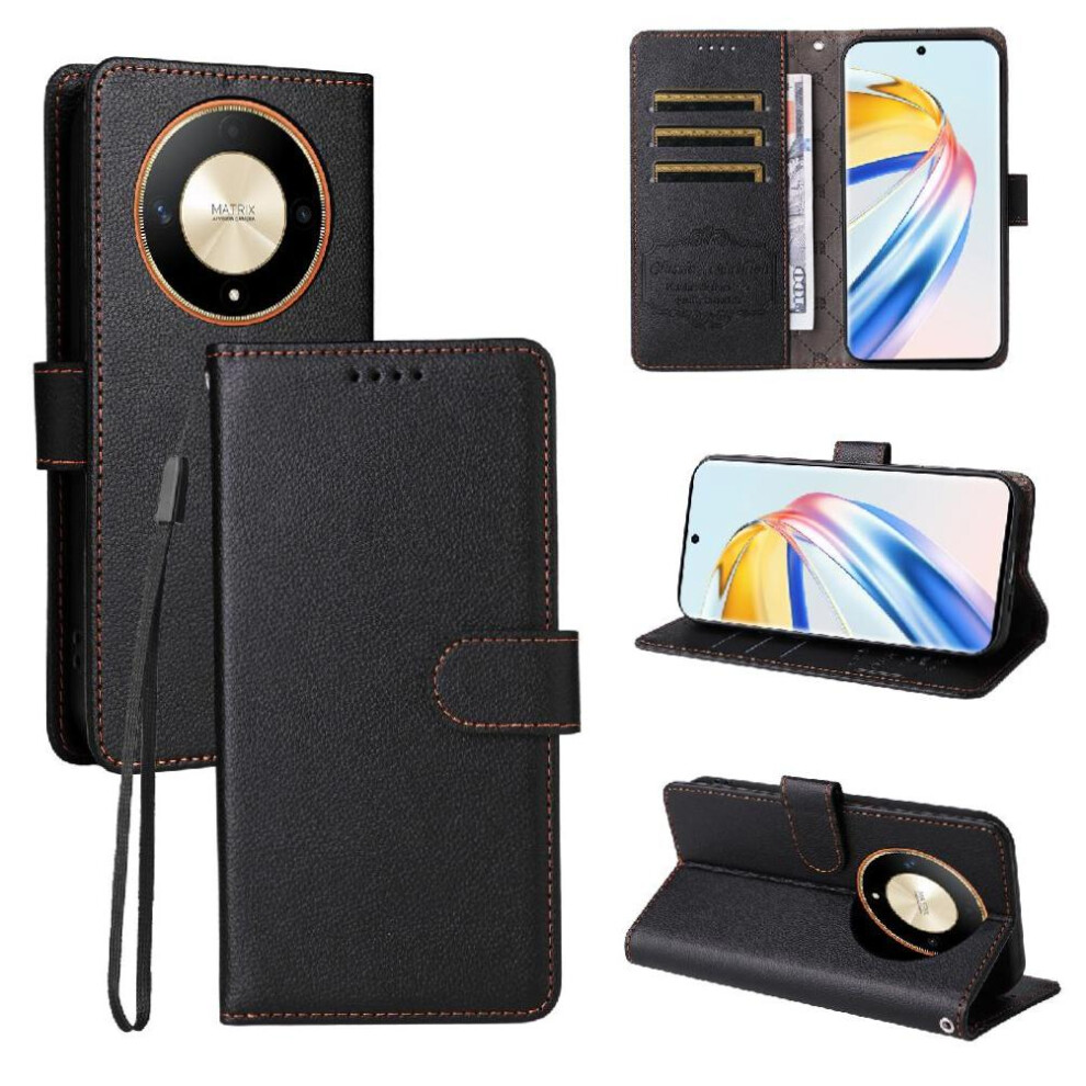 (Black) Flip Case For Honor Magic 6 Lite Wallet Crad Slot Wireless Charging Magnetic Car Mount Black 764563579273
