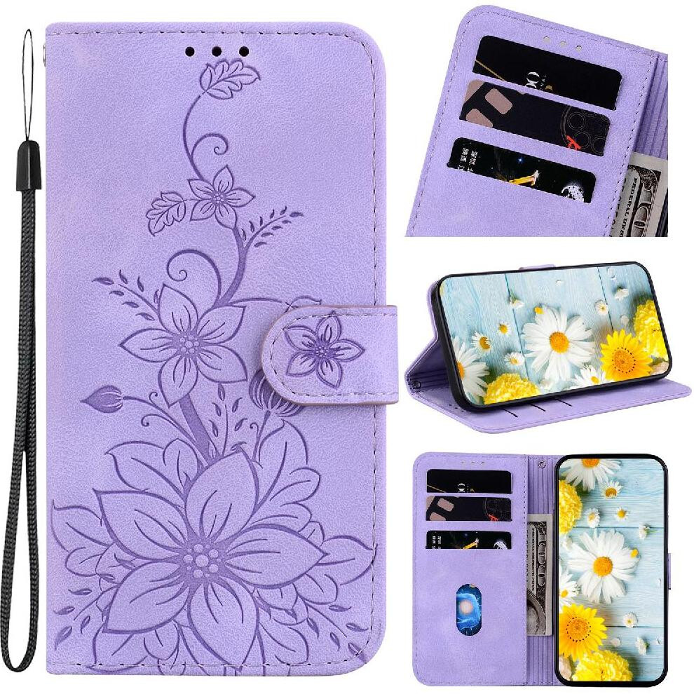 (Purple) Flip Case For Samsung Galaxy A25 5G Kickstand Card Holder Embossed Lily Wallet Magnetic Purple 764563579327