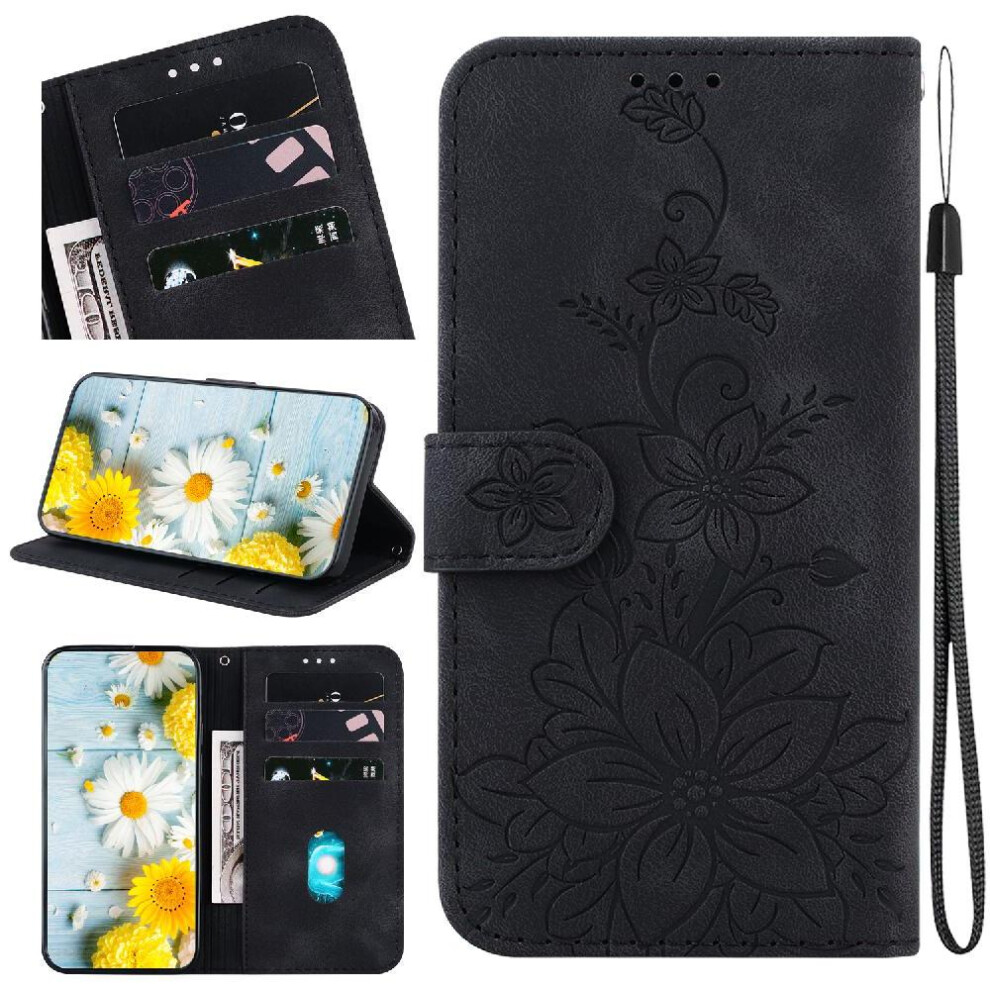 (Black) Flip Case For Samsung Galaxy A25 5G Kickstand Card Holder Embossed Lily Wallet Magnetic Black 764563579341