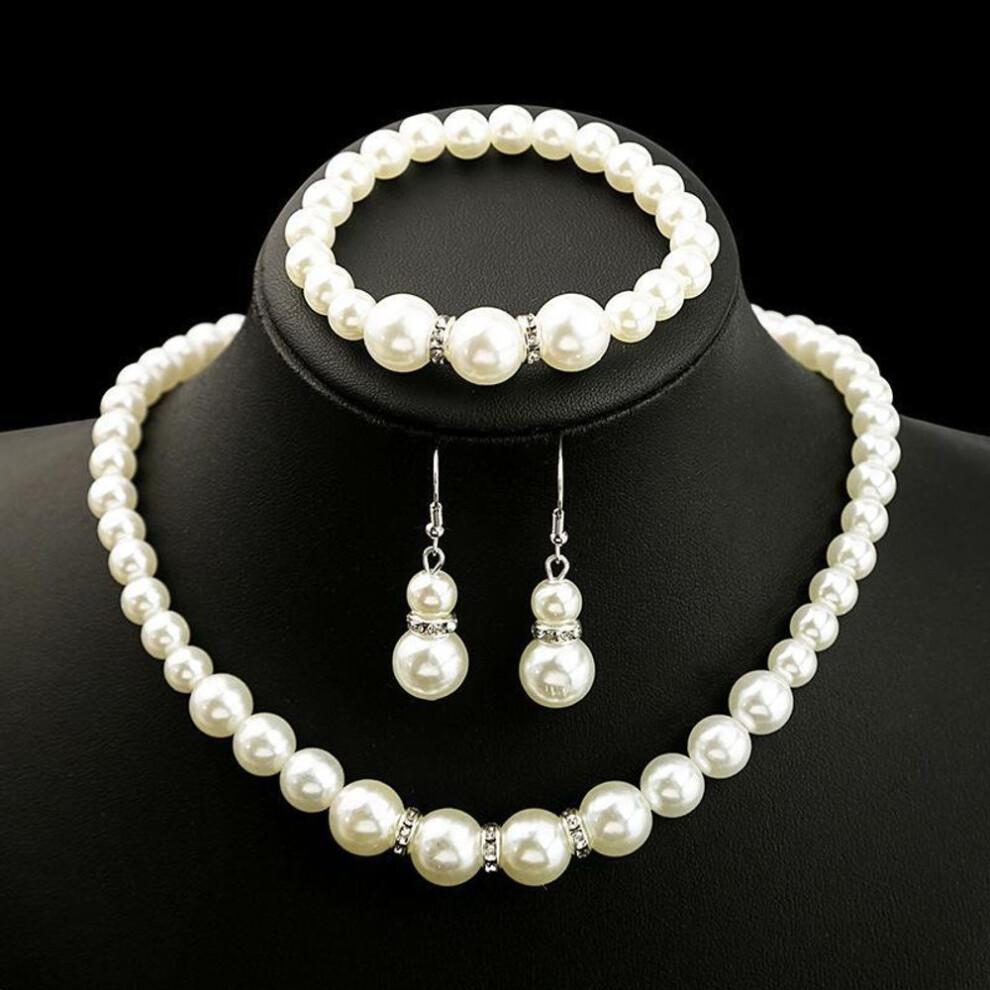 Elegant Pearl And Diamond Jewelry Set: Necklace, Earrings, Bracelet – Simple And Fashionable For Everyday Wear