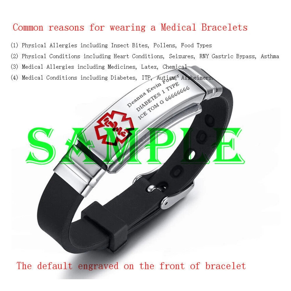 (ALZHEIMERS PATIENT) Engraving Medical Alert ID Women Men Kids Bracelet Black Silicone Wristband New