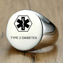 (Silver, TYPE 2 DIABETES) Personalized Engraving Medical Alert Diabetes Men's ID Ring Band Stainless Steel Hot