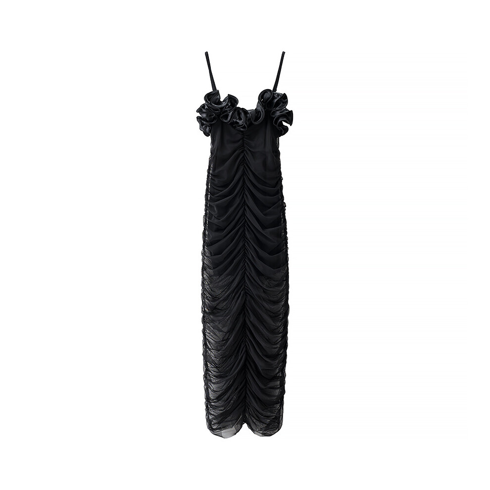 (Black, M) ZARZ homemade European and American style new women's clothing classic fashion versatile high waist solid color suspender dress