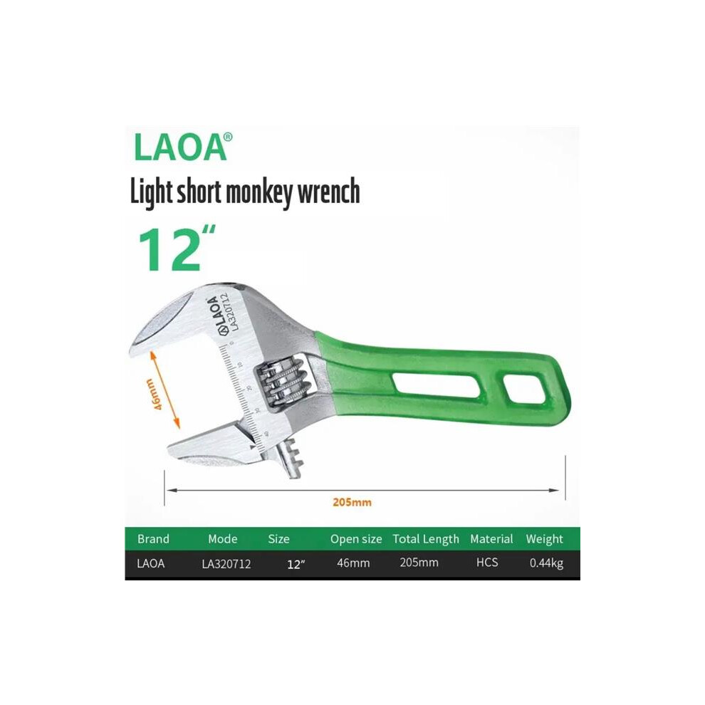 (205 Mm 12") Laoa Stubby Wide Opening Adjustable Wrench Narrow Jaws, 118-205Mm Long 6920246631858