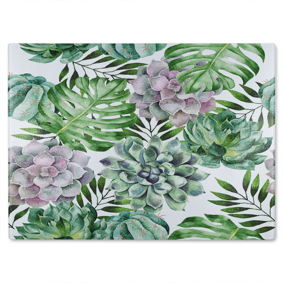 Benjamin Tate Design Watercolour Botanical Leaves Glass Chopping Board
