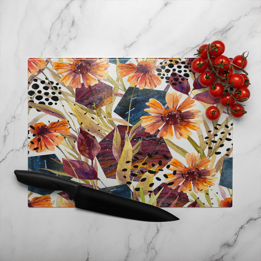 Benjamin Tate Design Autumn Geometric Flowers Glass Chopping Board