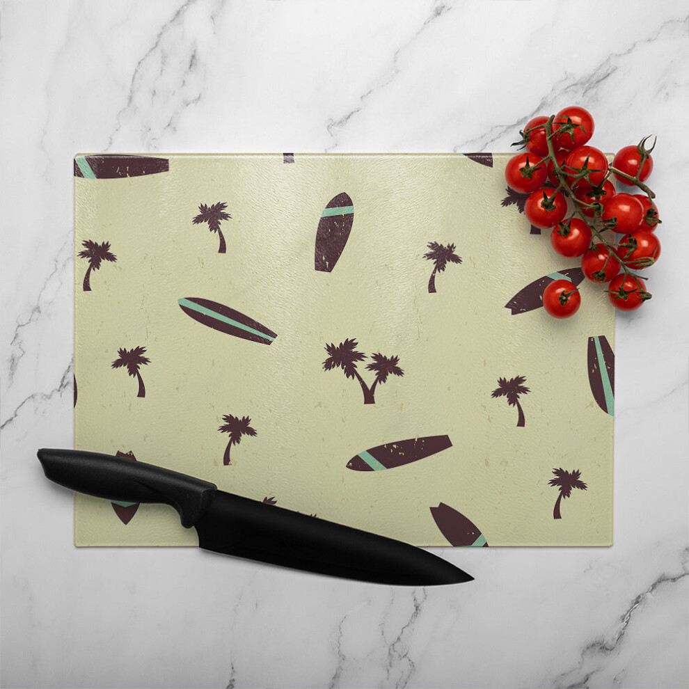 Benjamin Tate Design Surf Board Palm Silhouettes Glass Chopping Board