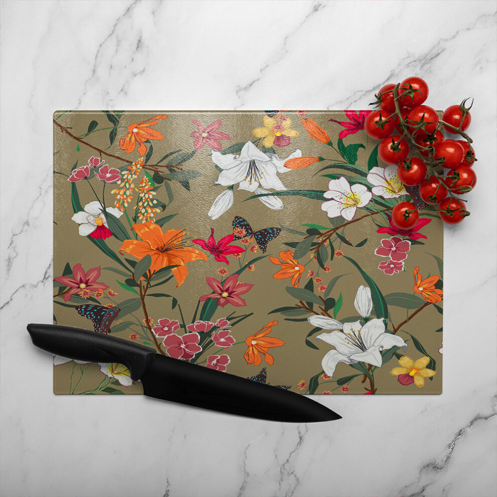 Benjamin Tate Design Selection Of Flowers Glass Chopping Board