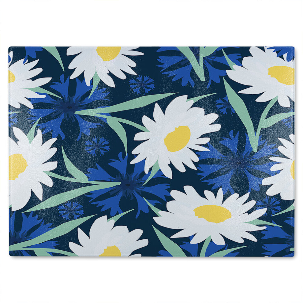 Benjamin Tate Design Daisies On Navy Glass Chopping Board