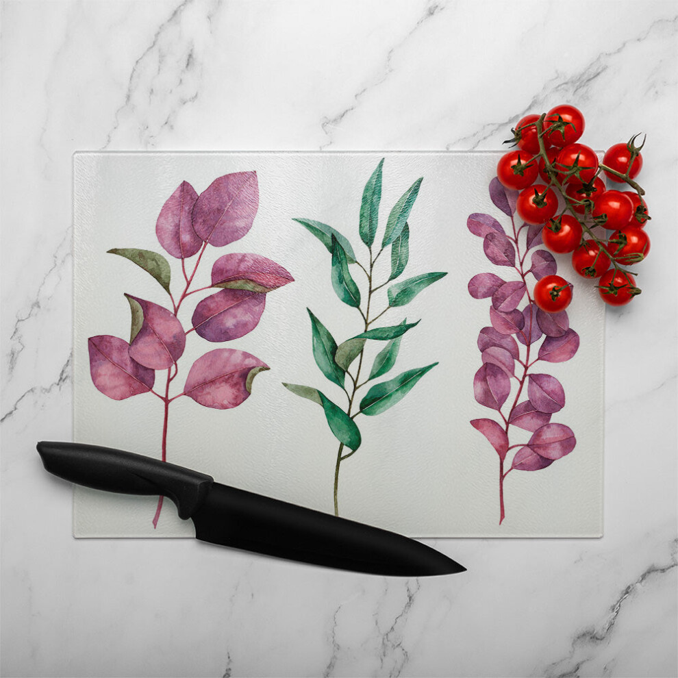 Benjamin Tate Design Purple/Green Leaves Glass Chopping Board