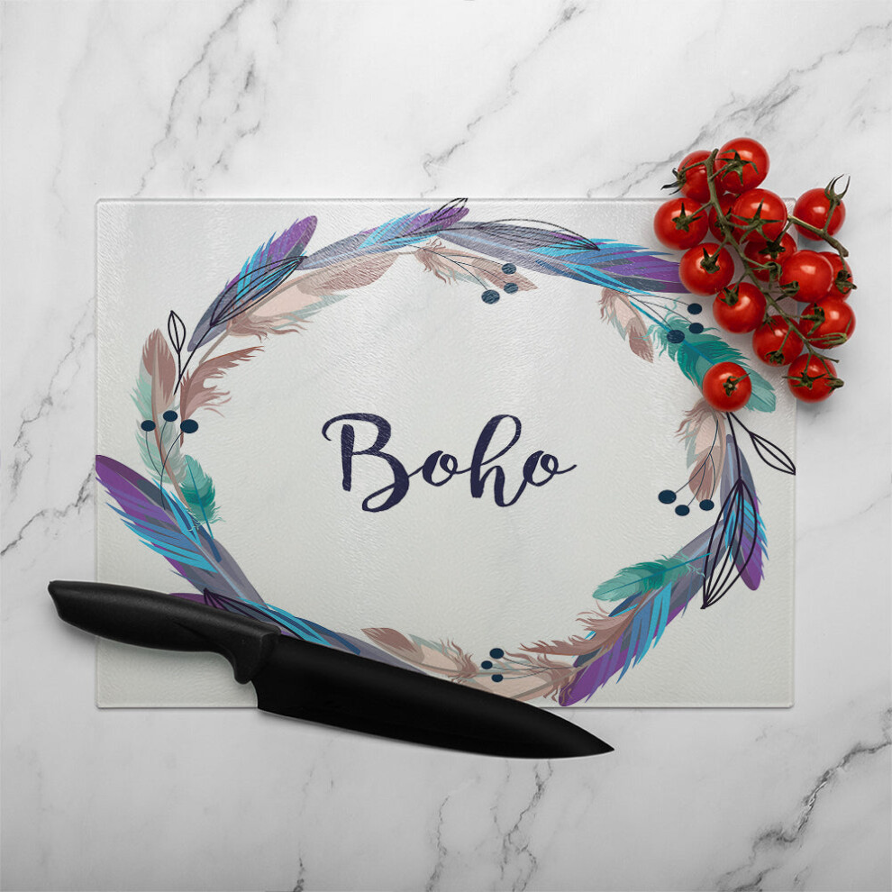 Benjamin Tate Design Boho Style Wreath Feathers Glass Chopping Board