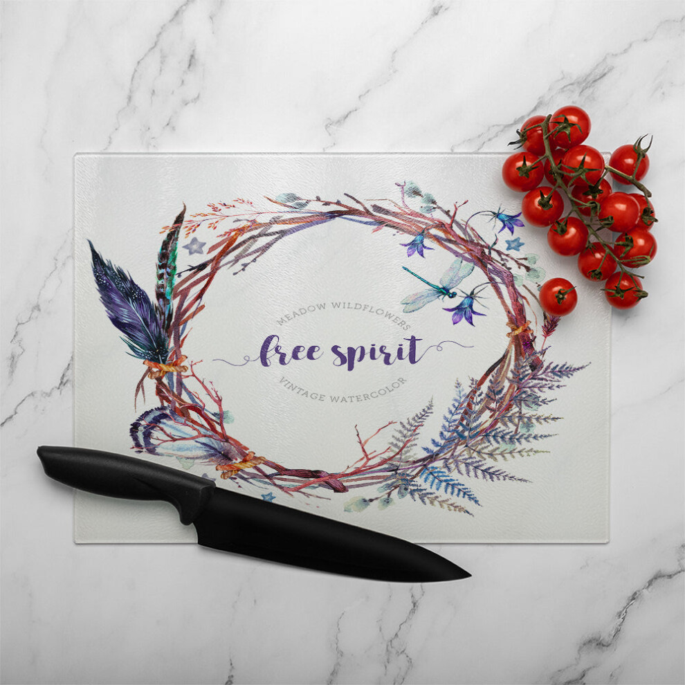 Benjamin Tate Design Watercolor Boho Wreath Glass Chopping Board