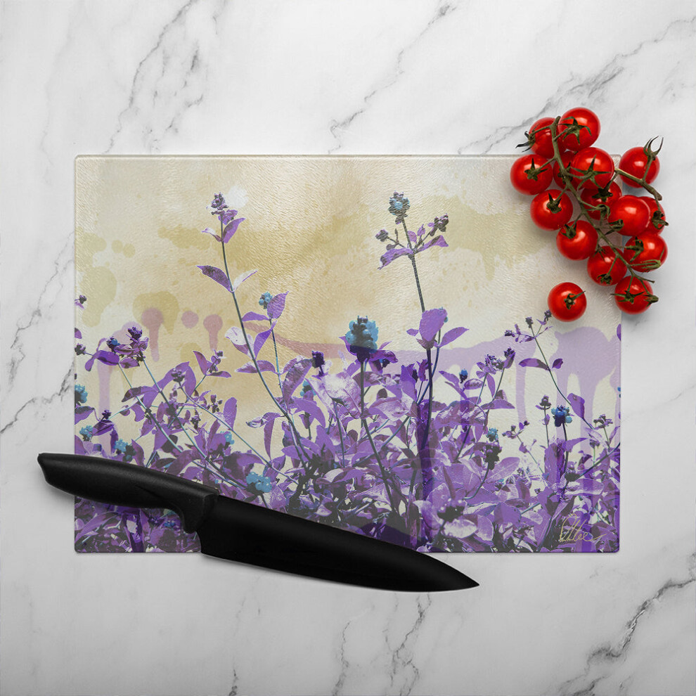 Benjamin Tate Design Purple Flowers Glass Chopping Board