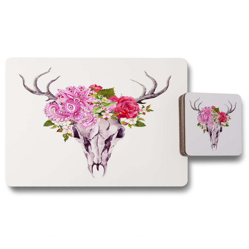 Benjamin Tate Design Deer Animal Skull With Flowers And Feathers Placemat Coaster Set