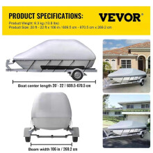 (20-22FT(610-670cm)) VEVOR 14-28 FT V Hull Boat Cover 3 Layer Oxford Fabric All-Season Protection With Storage Bag and 5Pcs Adjustable Straps