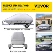 (17-19FT(518-579cm)) VEVOR 14-28 FT V Hull Boat Cover 3 Layer Oxford Fabric All-Season Protection With Storage Bag and 5Pcs Adjustable Straps