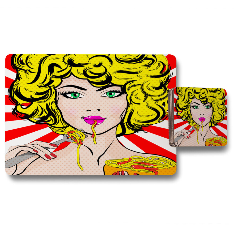 pop art young woman eating spaghetti placemat coaster set-image-OPC-PHHYTBG-NEW