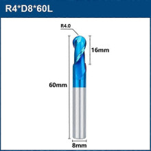 (1 pc, R4.0xD8x16x60L) Milling Bit 2 Flute Ball Nose End Mill R05-60 Tungsten Carbide CNC Router Bit End Milling Cutter CNC Machine Milling Tool