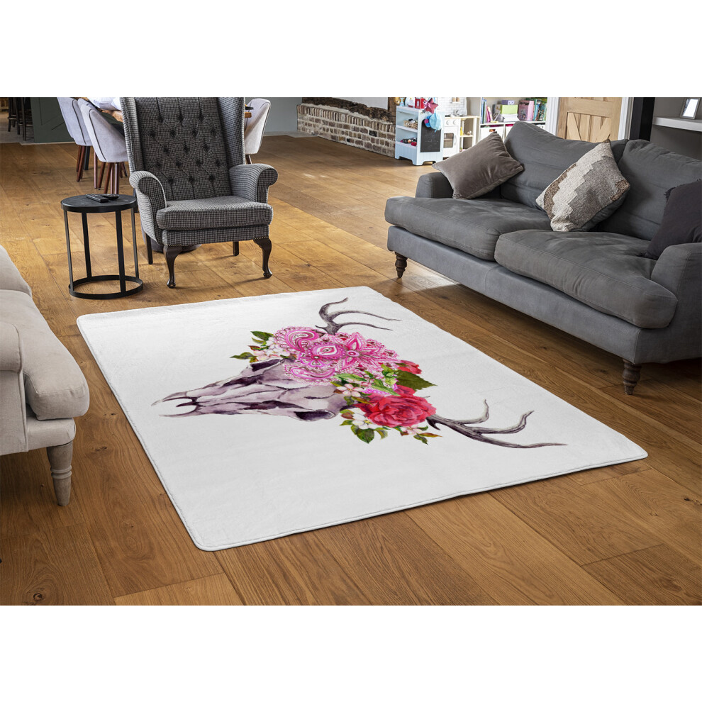 Benjamin Tate Design Deer Animal Skull With Flowers And Feathers Rug