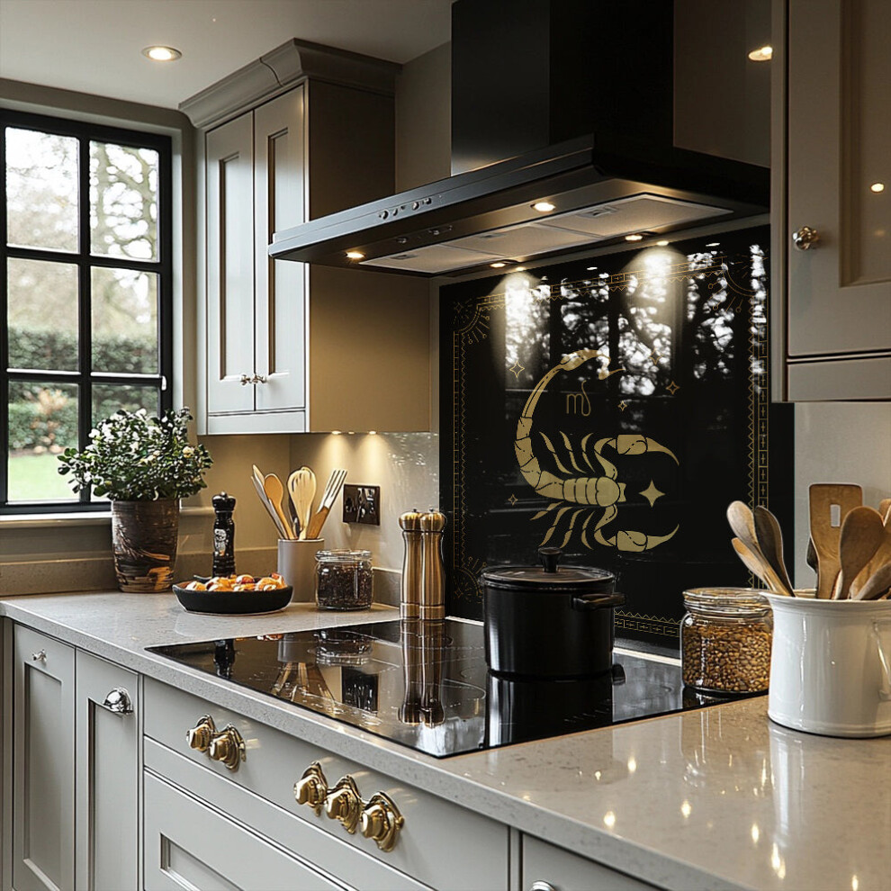 Benjamin Tate Design Black/Gold Zodiac Scorpio Horoscope In Dining Splash Back