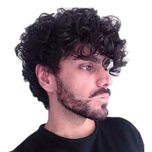 Parrucca corta riccia nera da uomo, parrucca sintetica soffice per cosplay di Halloween