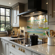 surf board on beach splash back
