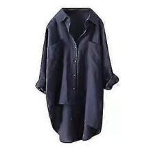 Damesblouses, linnen losse oversized overhemden, blauw, S