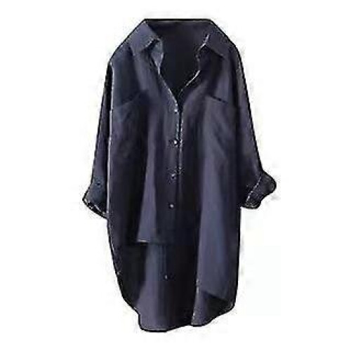 Camicette da donna, camicie larghe in lino, blu, taglia S