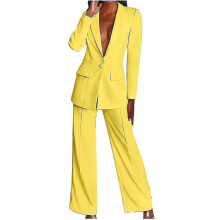 Dames lange mouwen eendelig pak broek casual elegant zakelijk pak sets tweedelig pak geel, S