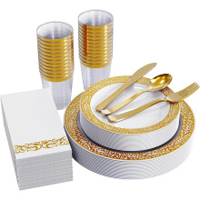 175 Ct Gold Dinnerware Set for 25 Guests, White Plastic Plates with Gold Lace Rim Design, Including 25 Disposable Dinner & Dessert Plates, Cups, Napki