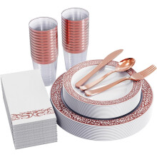 175 Ct Rose Gold Dinnerware Set for 25 Guests, White Plastic Plates with Rose Gold Lace Rim Design, Including 25 Disposable Dinner & Dessert Plates, C