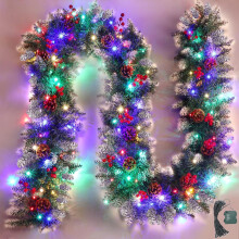 9FT Snowflake LED Christmas Garland - 50 Lights, Battery-Operated, Pre-lit with Snowflake Branches, Pine Cones & Berries for Mantel & Indoor-Outdoor