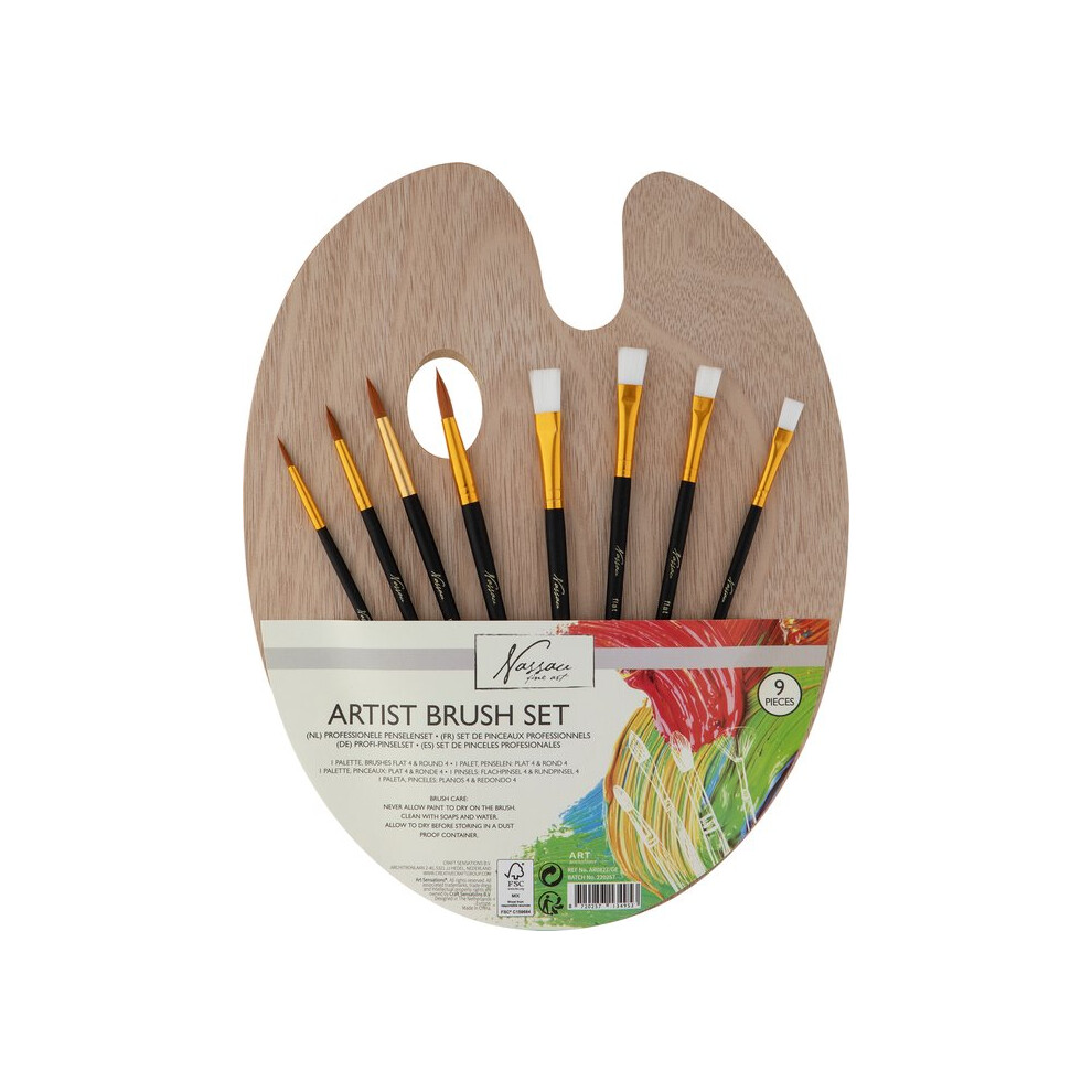Totum Wooden Palette With 4 Flat And 4 Round Brushes