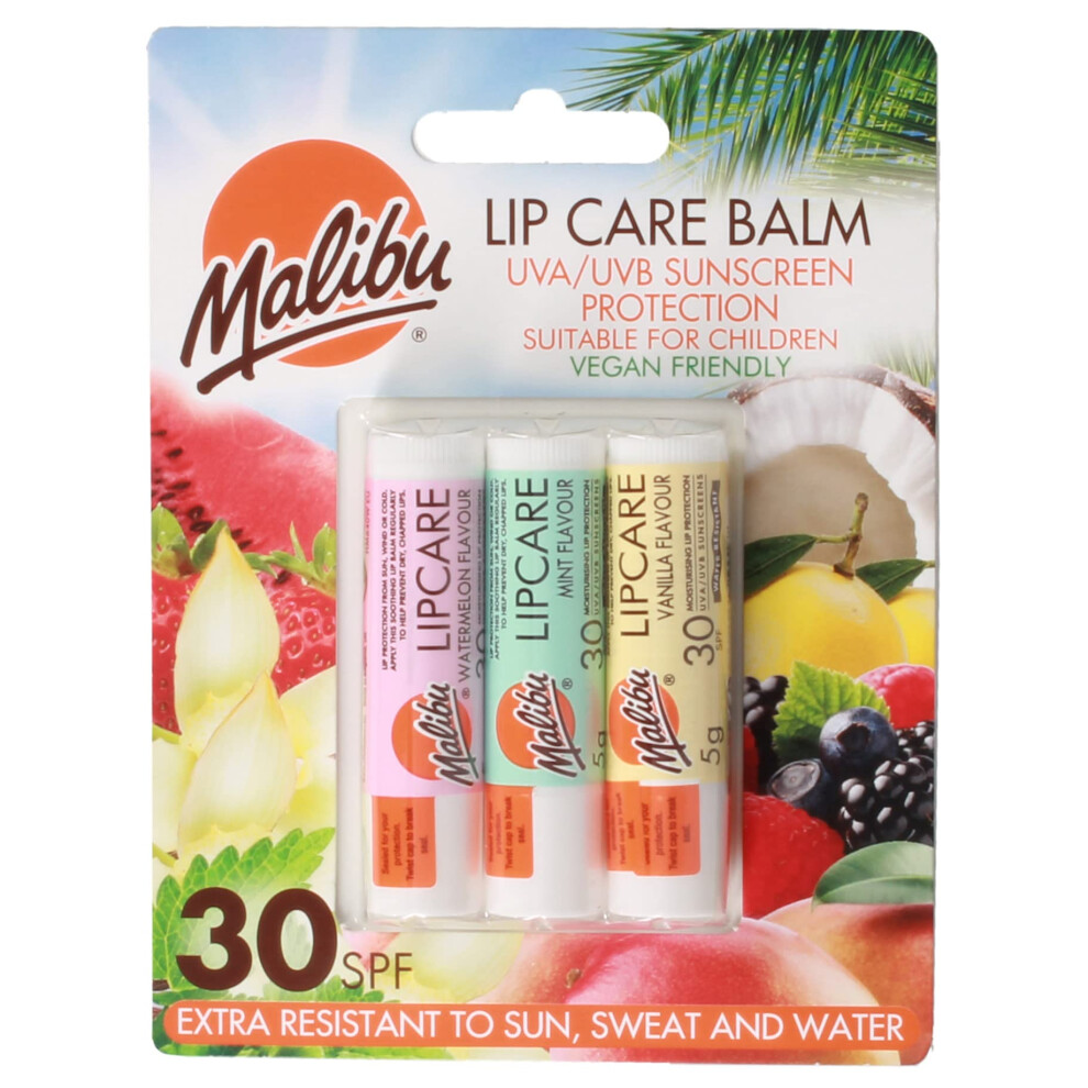 Malibu Sun Spf 30 Lip Balm Sunscreen, Watermelon, Mint And 3 X 5G,