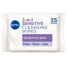 NIVEA 3in1 Sensitive Cleansing Wipes (25 Wipes), Plant-Based Makeup Remover Wipes, Face Wipes for Sensitive Skin, Gentle yet Effective Makeup Removal