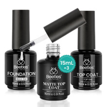Beetles Gel Polish Base & Top Coat Set - 3pcs, 15ml Base Gel, No Wipe Top Coat, Matte & Shine Finish, Long Lasting Soak Off, LED Nail Lamp