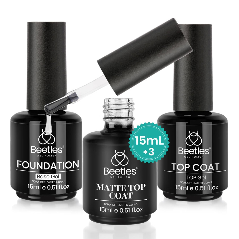 Beetles Gel Polish Base & Top Coat Set - 3Pcs, 15Ml Base Gel, No Wipe Top Coat, Matte & Shine Finish, Long Lasting Soak Off, Led Nail Lamp