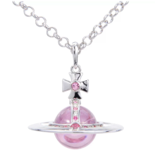 Colourful Saturn necklace for women – Saturn planet pendant with crystals (silver + pink)