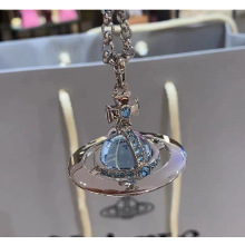 Colourful Saturn necklace for women – Saturn planet pendant with crystals (Silver + Blue)