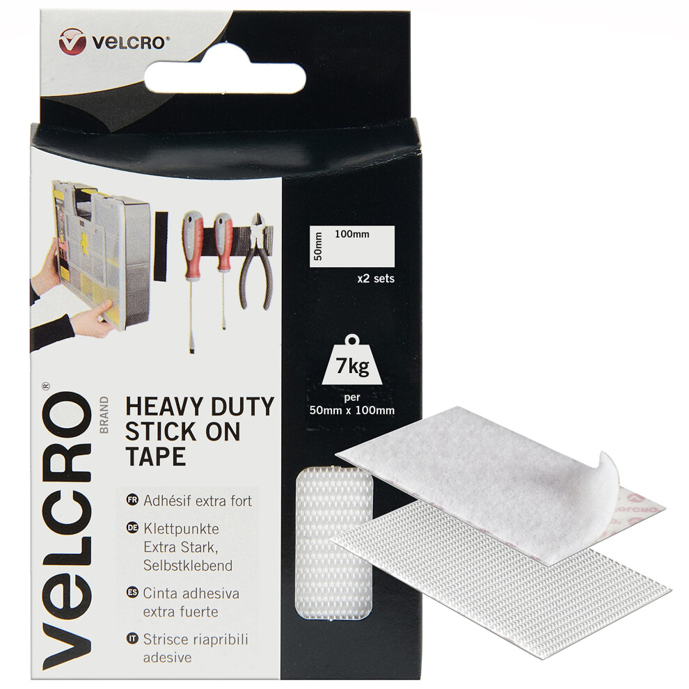 VELCRO Heavy Duty Stick-On Strips (2 Pack) – 50mm x 100mm Self-Adhesive Hook & Loop Pads – White