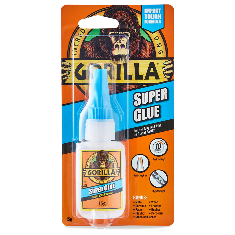 Gorilla Super Glue 15g – All-Purpose, Fast-Setting, Impact-Tough with Anti-Clog Cap