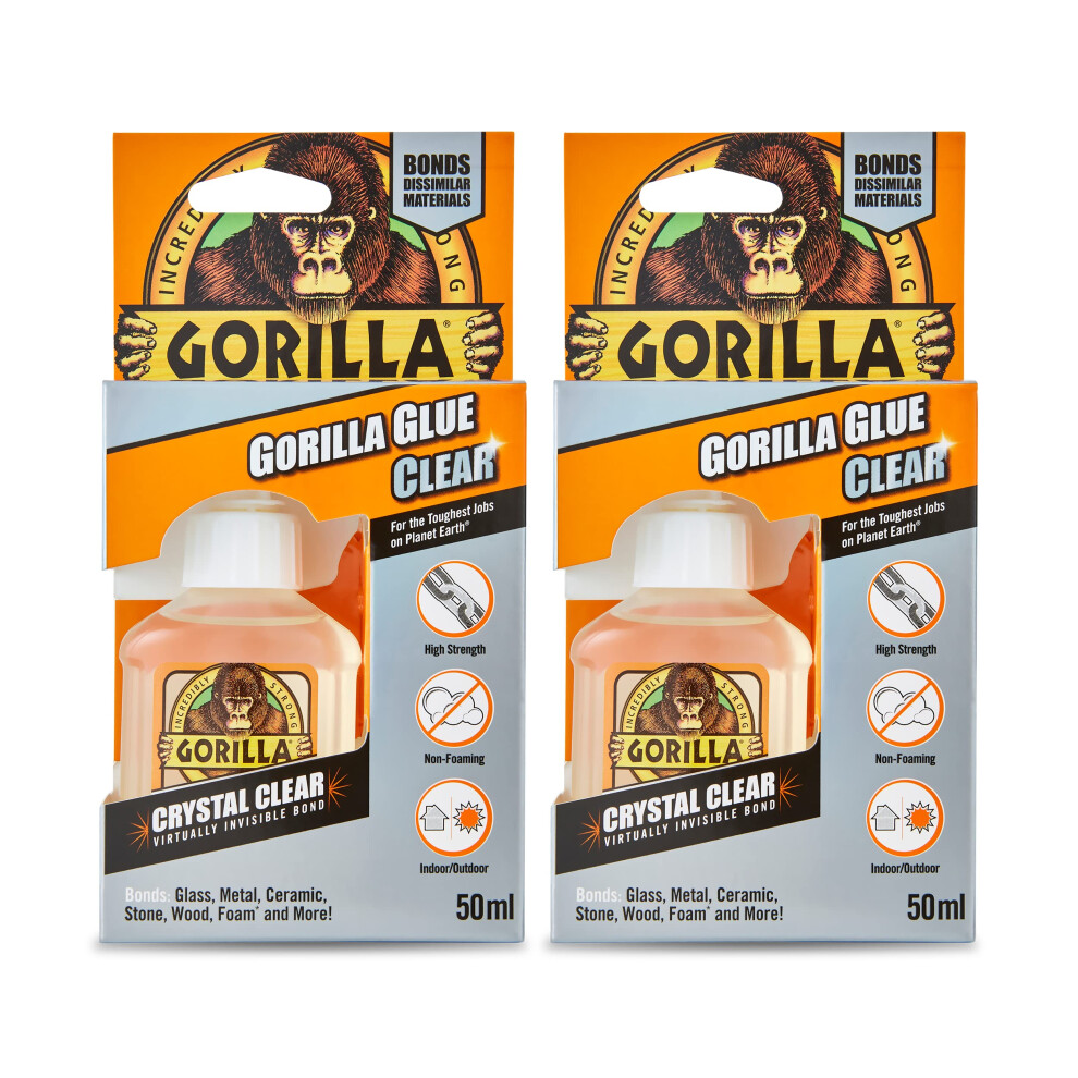 Gorilla Clear Glue 50ml 2 Pack – Strong Waterproof Adhesive for Glass, Wood, Plastic, Metal, Ceramics