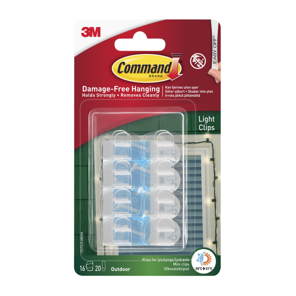 Command Outdoor Light Clips – 16 Mini Hooks & 20 Adhesive Strips – Damage-Free Hanging for Fairy Lights & Decor